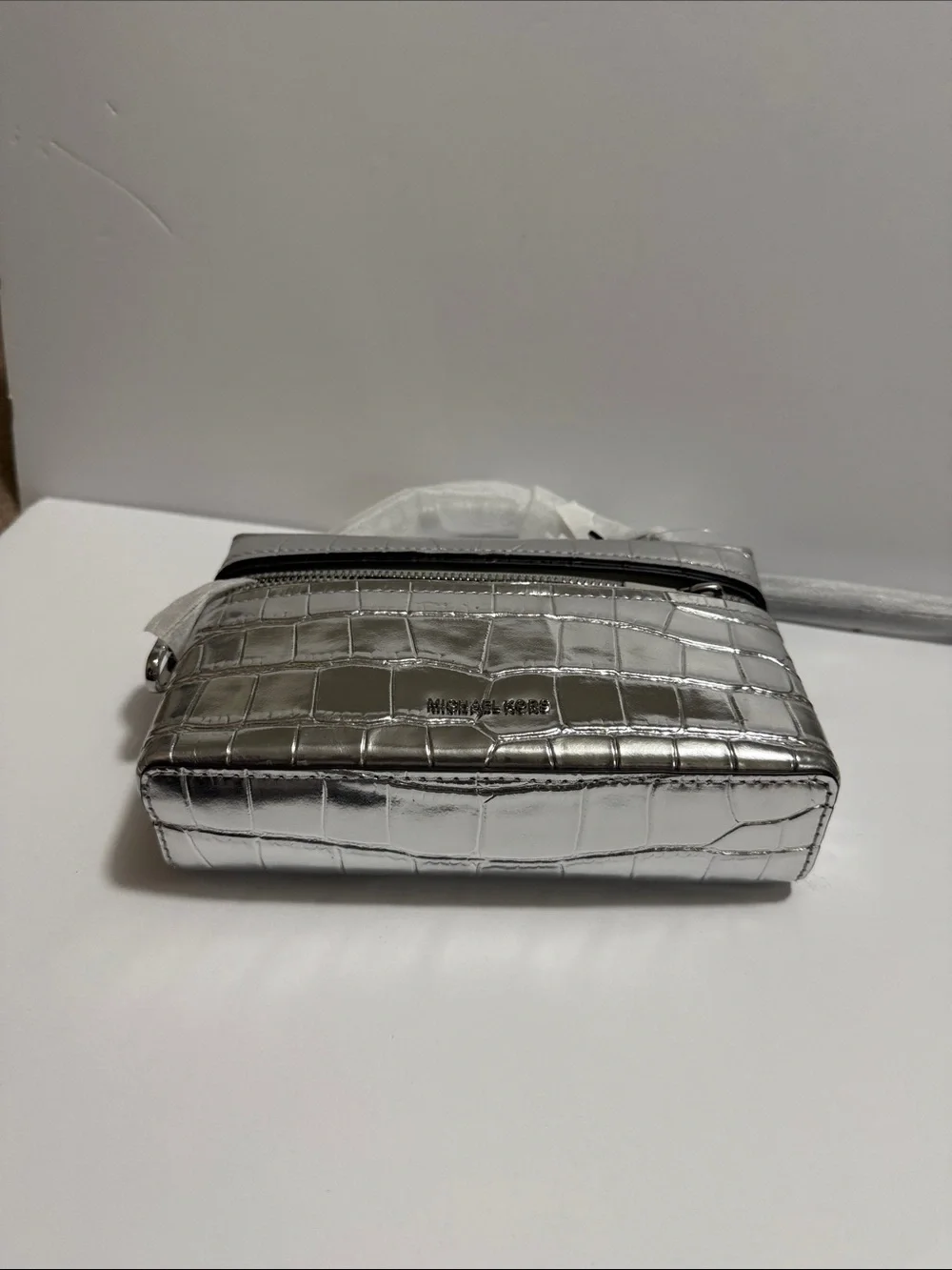 Michael Kors Metallic Silver Croc-Embossed Mini Vanity Bag